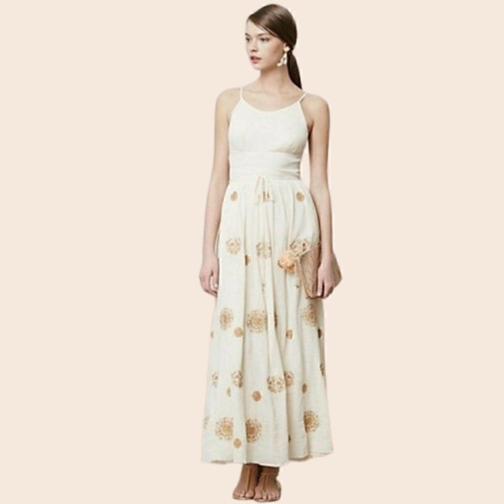 Anthropologie Floreat Varanasi Cream Maxi Dress Size 4